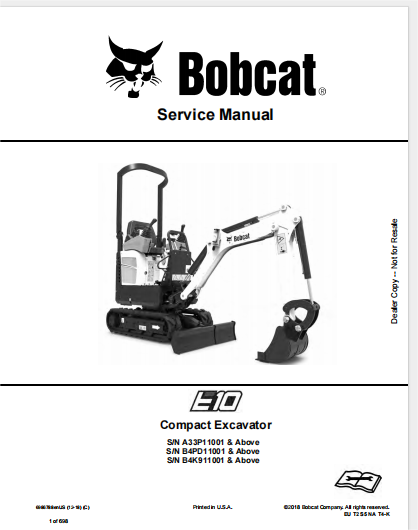 MANUAL DE SERVIÇO MINI ESCAVADEIRA E10 BOB CAT
